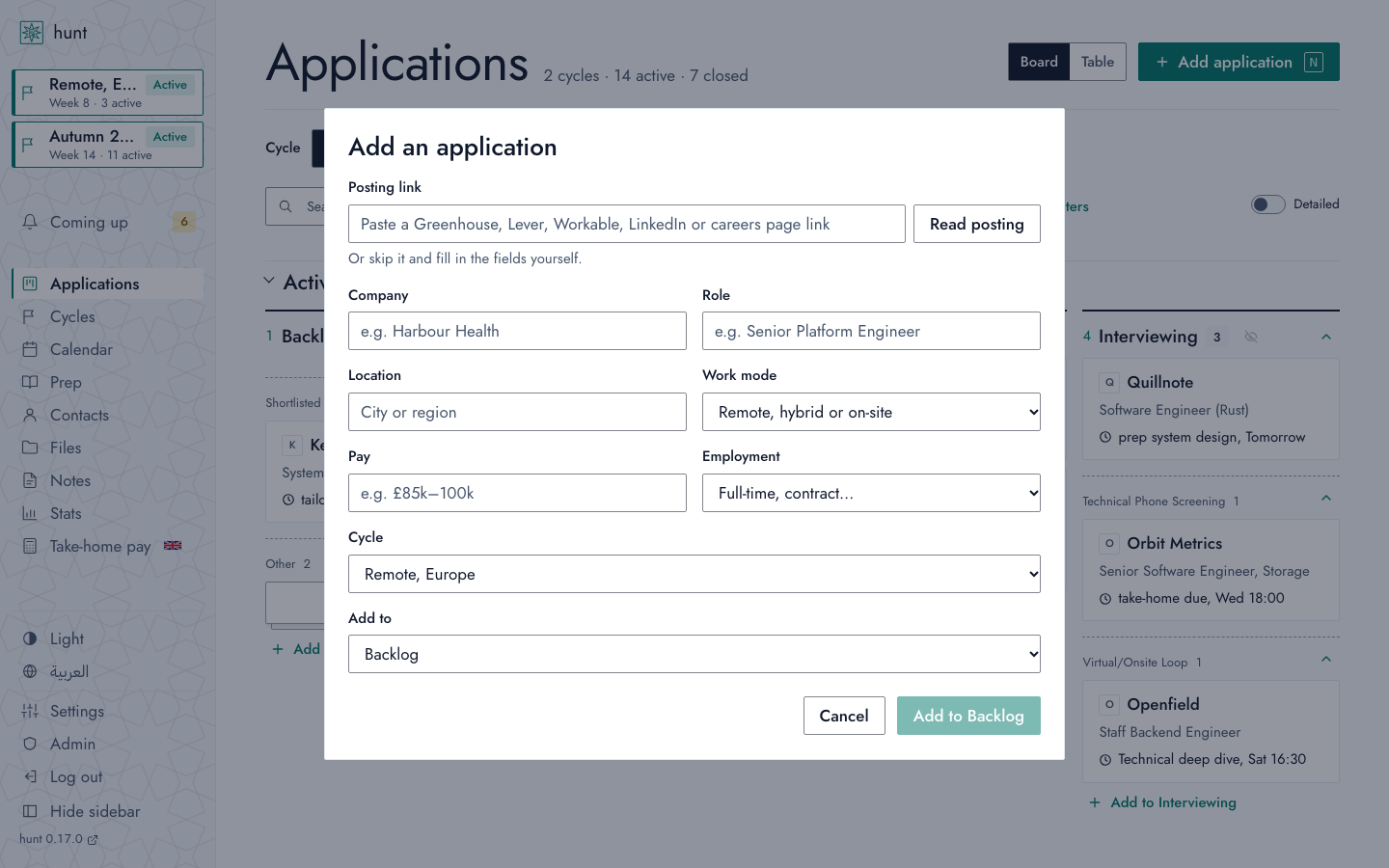 Adding an application, from the link to a job posting