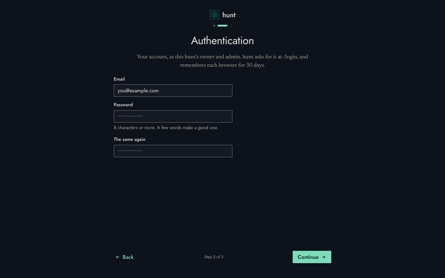 Setting up hunt, Authentication: an email address, and a password twice