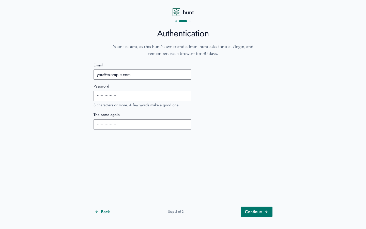 Setting up hunt, Authentication: an email address, and a password twice