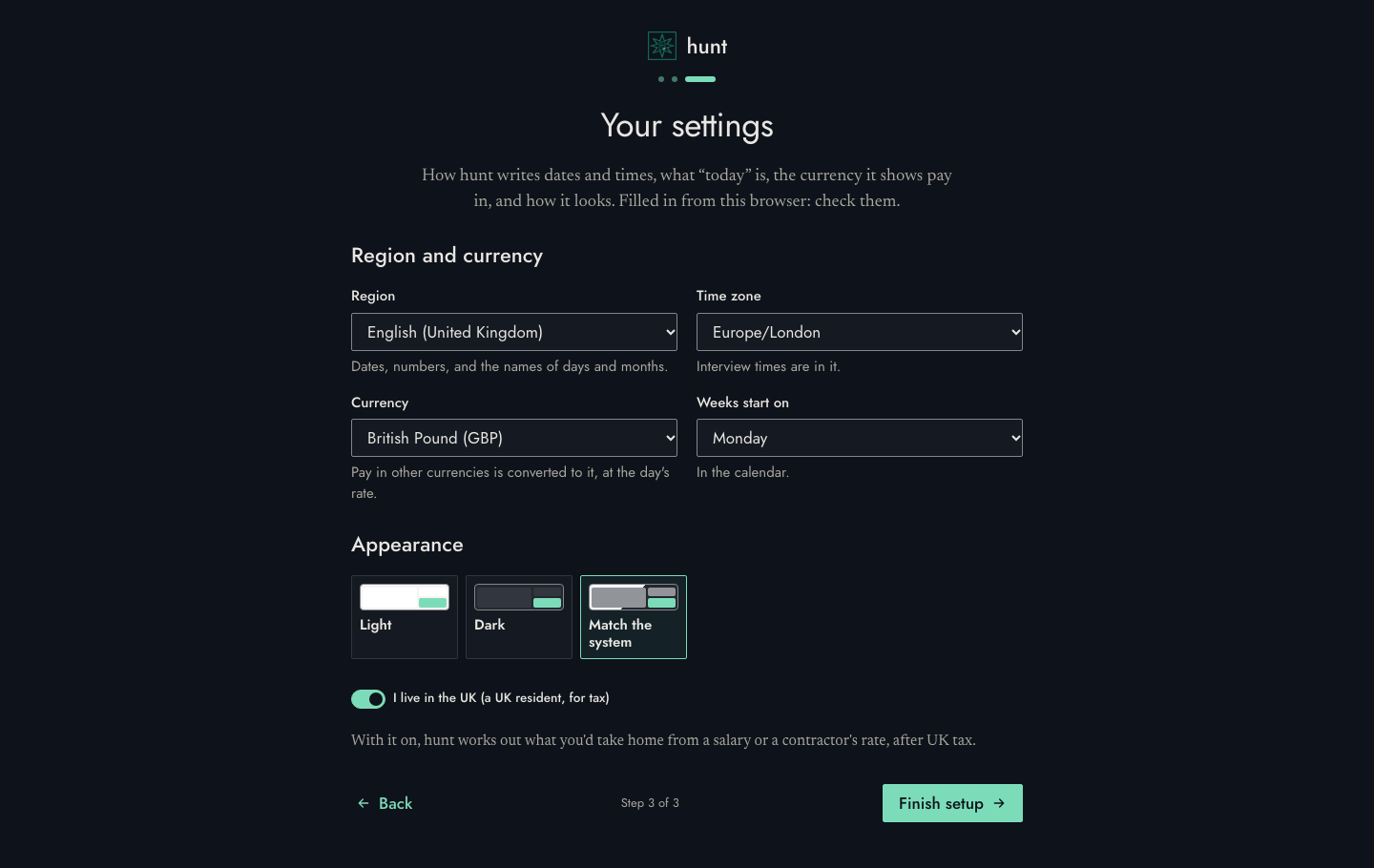 Setting up hunt, Your settings: region, time zone, currency, the first day of the week, and how it looks