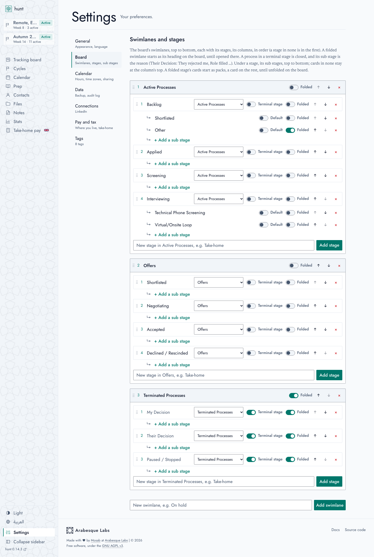 Settings: the board